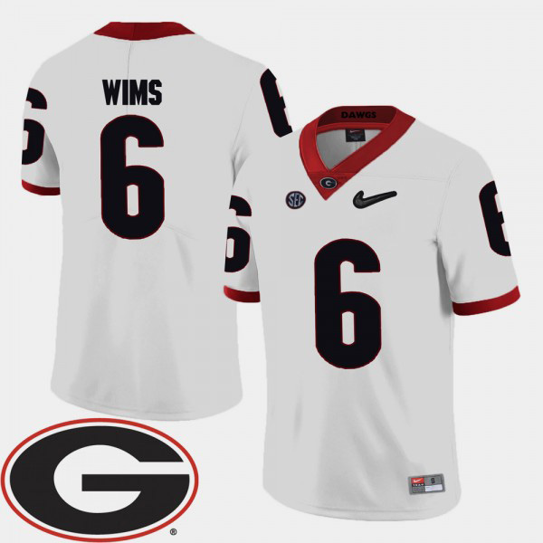 Men's #6 Javon Wims Georgia Bulldogs College Football 2018 SEC Patch Jersey - White